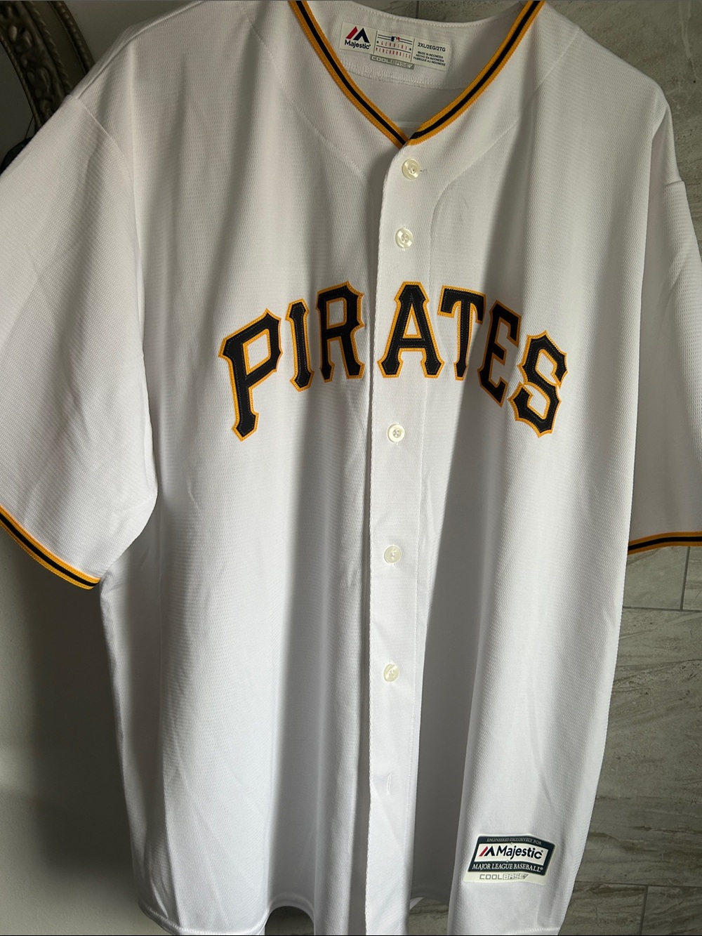 Majestic White Pittsburgh Pirates Button-Up Jersey with Black and Gold Trim